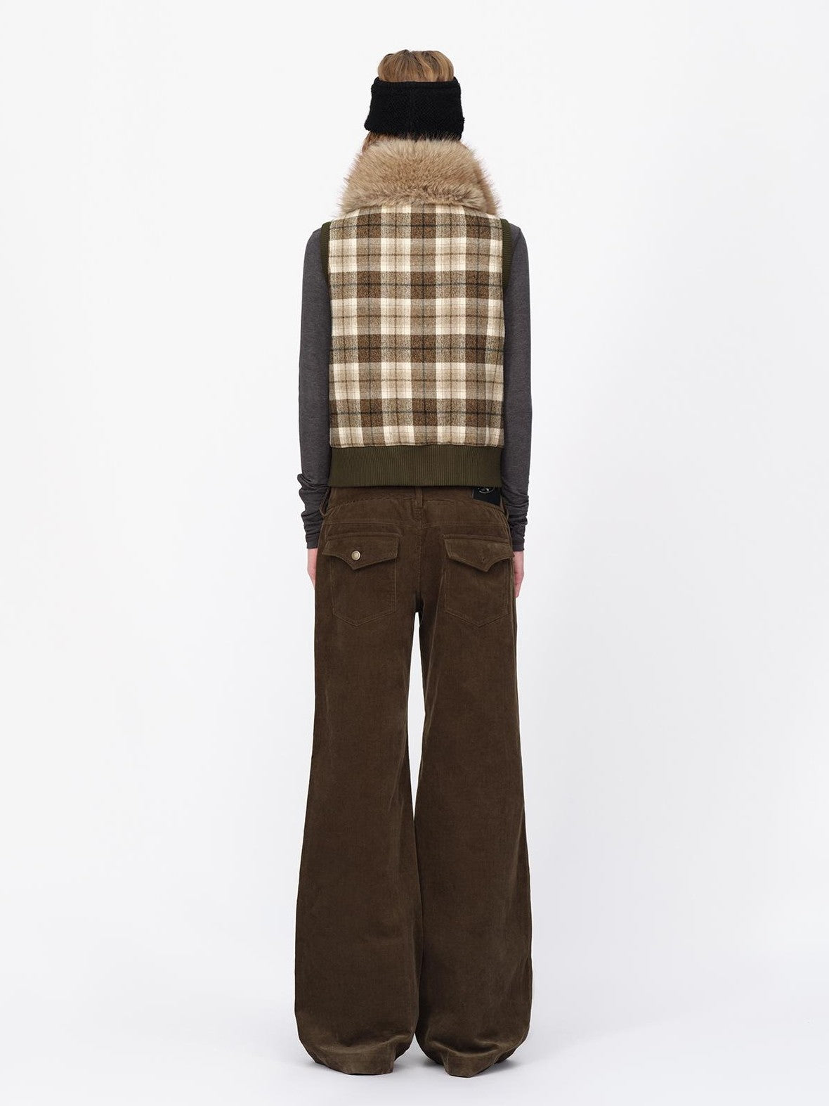 RUN TO THE FUTURE Reversible Plaid Faux Fur Collar Loose Fit Cotton Women&