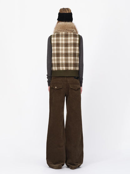 RUN TO THE FUTURE Reversible Plaid Faux Fur Collar Loose Fit Cotton Women&