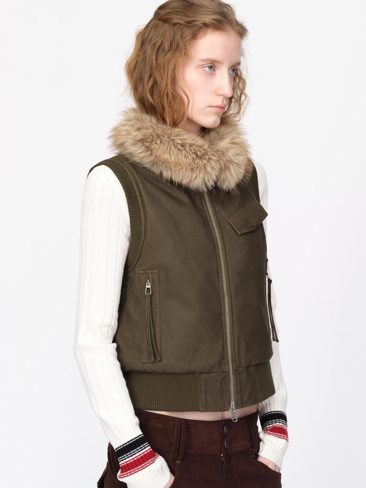 RUN TO THE FUTURE Reversible Plaid Faux Fur Collar Loose Fit Cotton Women&