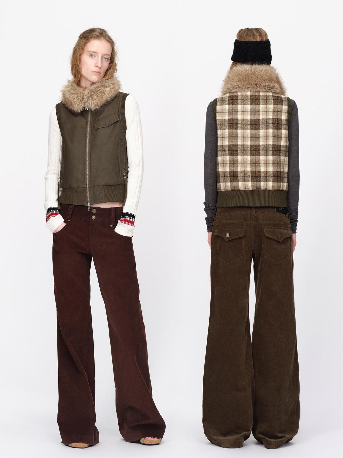 RUN TO THE FUTURE Reversible Plaid Faux Fur Collar Loose Fit Cotton Women&