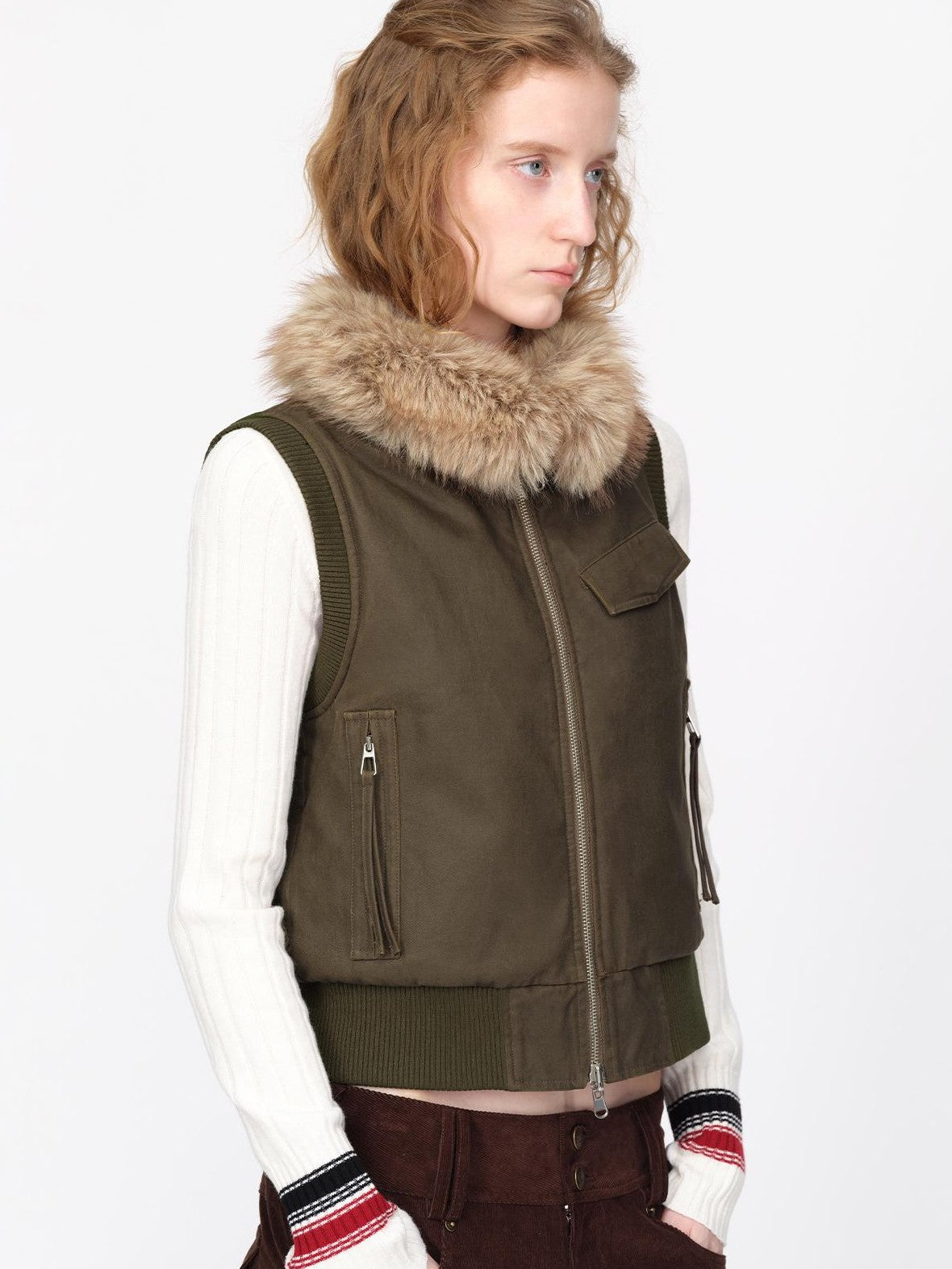 RUN TO THE FUTURE Reversible Plaid Faux Fur Collar Loose Fit Cotton Women&