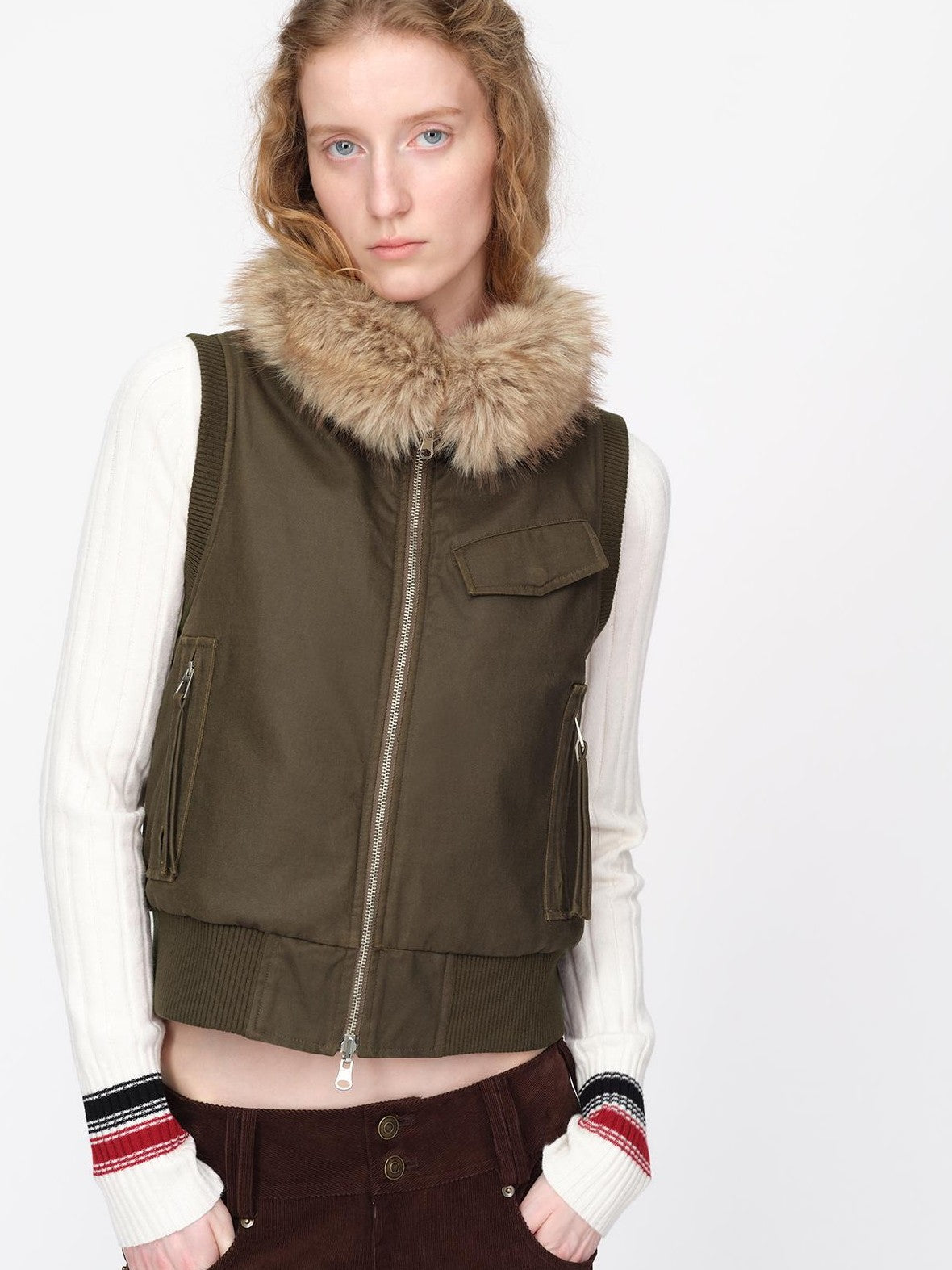 RUN TO THE FUTURE Reversible Plaid Faux Fur Collar Loose Fit Cotton Women&