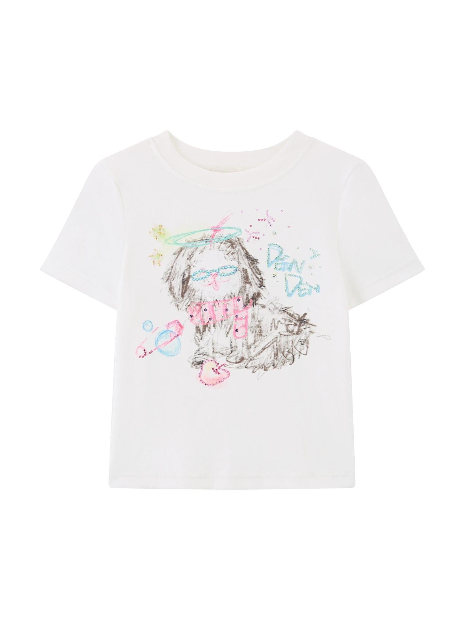 RUN TO THE FUTURE Rhinestone Puppy Graffiti Print Slim Fit Short Sleeve Round Neck Women Crop Tops