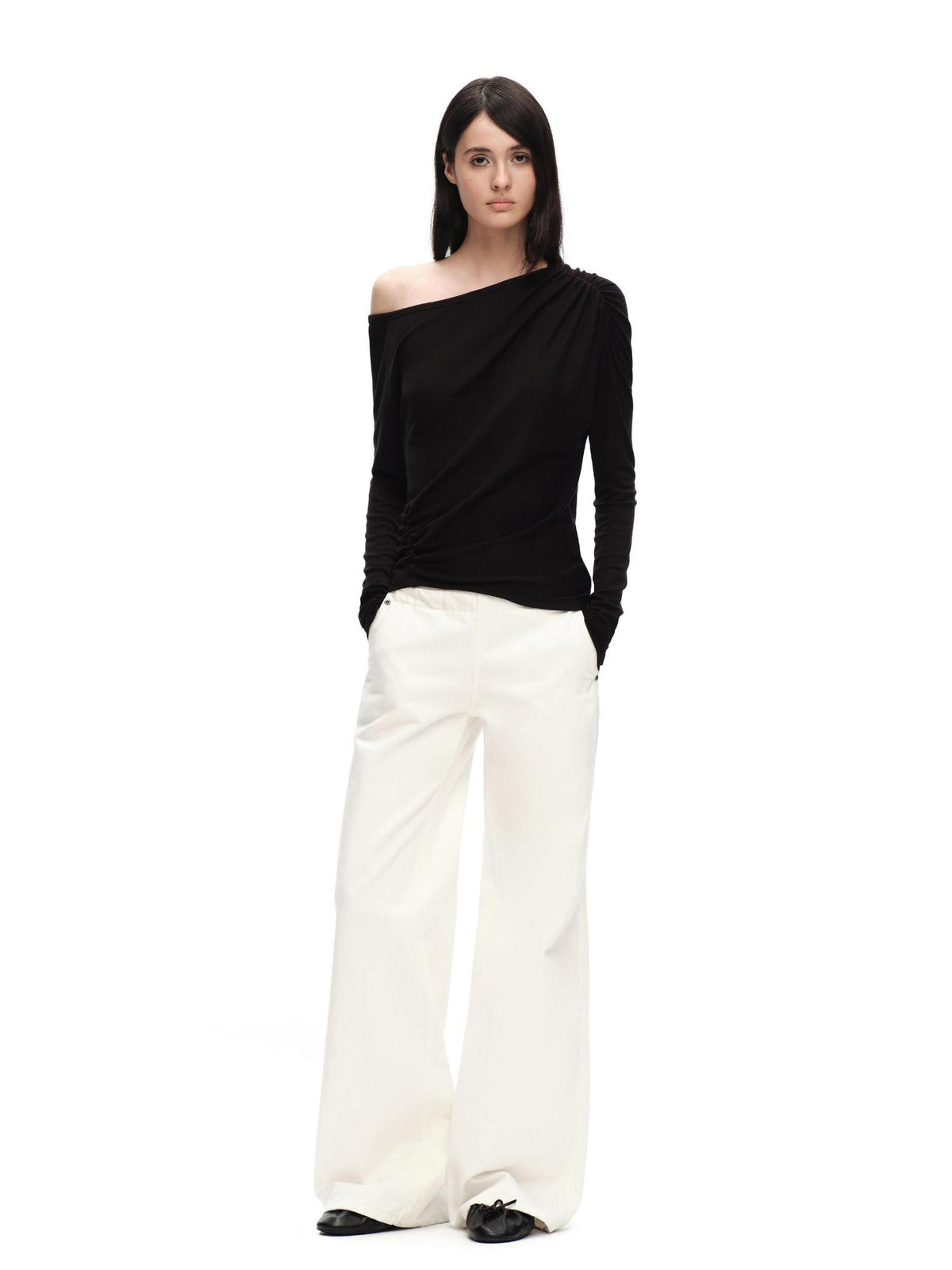 RUN TO THE FUTURE Ruched Asymmetric Off Shoulder Lyocell Wool Women&