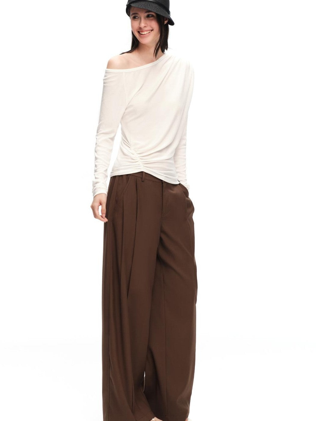 RUN TO THE FUTURE Ruched Asymmetric Off Shoulder Lyocell Wool Women&