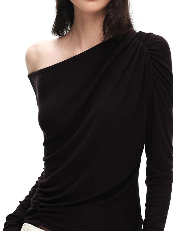 RUN TO THE FUTURE Ruched Asymmetric Off Shoulder Lyocell Wool Women&