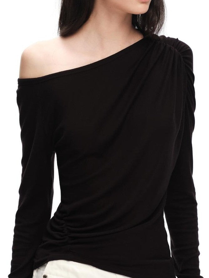 RUN TO THE FUTURE Ruched Asymmetric Off Shoulder Lyocell Wool Women&