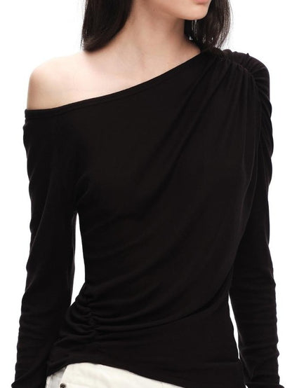 RUN TO THE FUTURE Ruched Asymmetric Off Shoulder Lyocell Wool Women&