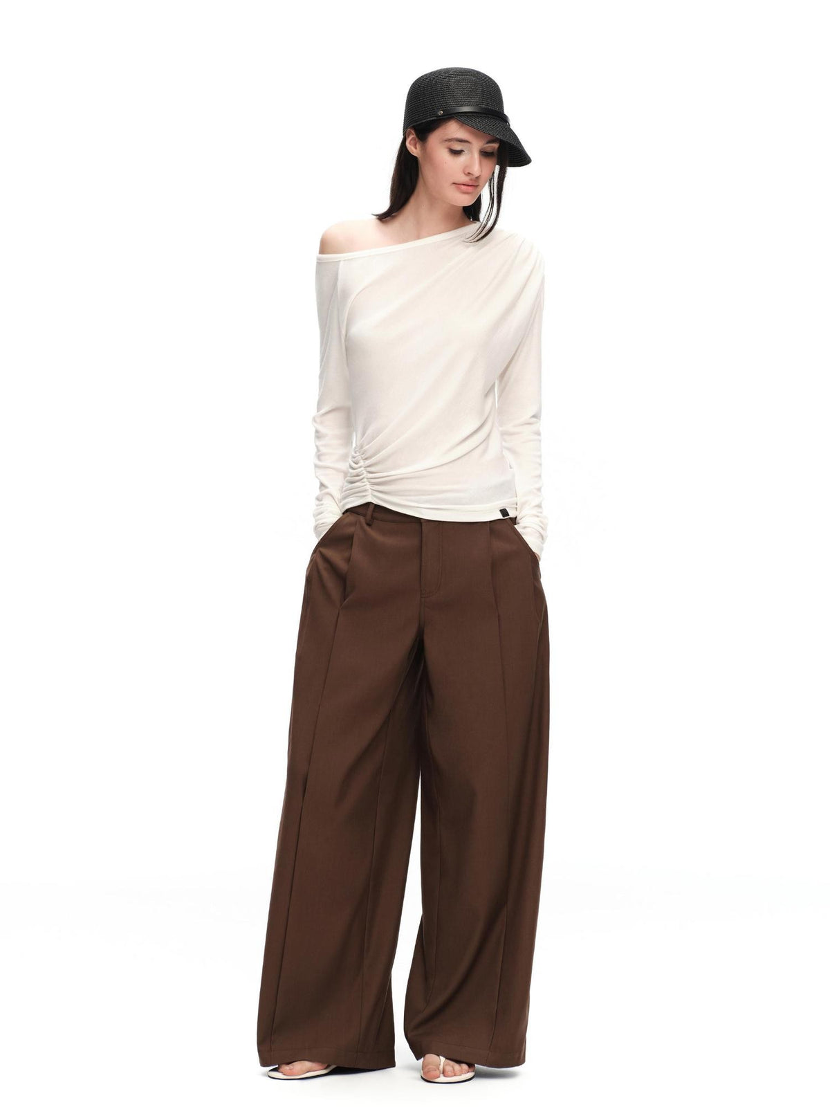 RUN TO THE FUTURE Ruched Asymmetric Off Shoulder Lyocell Wool Women&