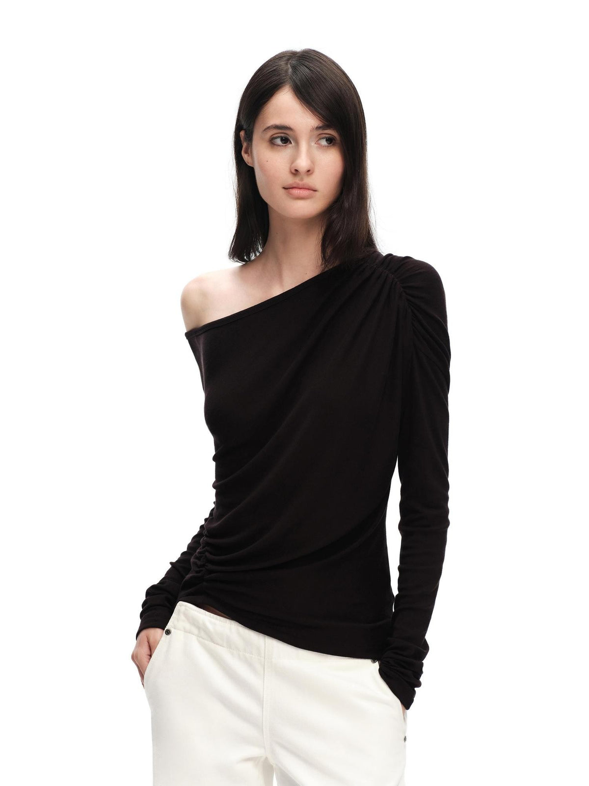 RUN TO THE FUTURE Ruched Asymmetric Off Shoulder Lyocell Wool Women&