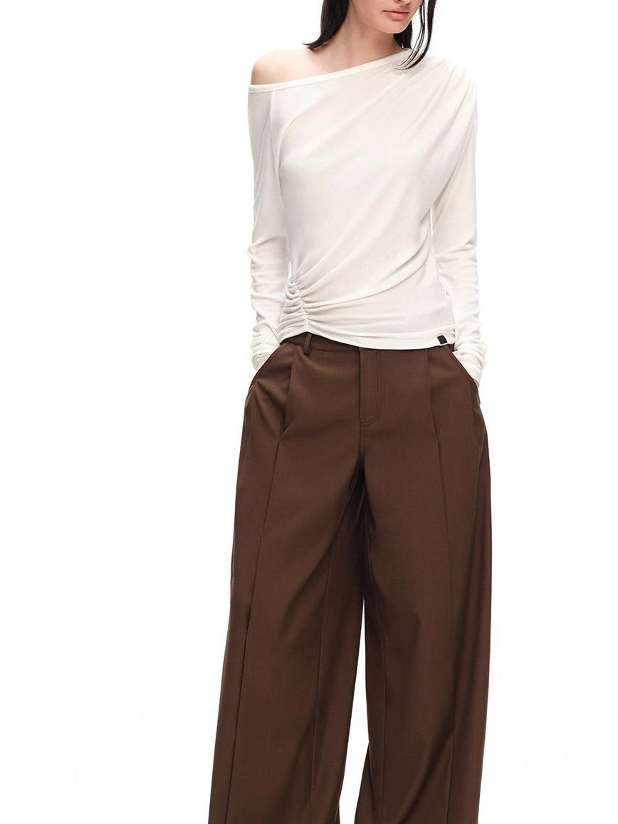 RUN TO THE FUTURE Ruched Asymmetric Off Shoulder Lyocell Wool Women&
