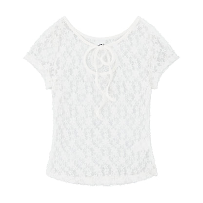 RUN TO THE FUTURE Sexy Lace Fitted Short Sleeve White Stretch Women Cropped Crop Tops