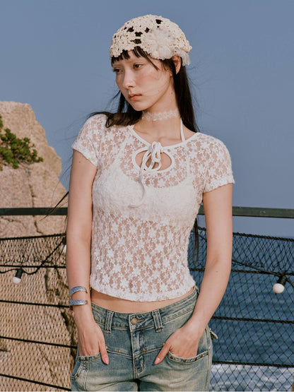 RUN TO THE FUTURE Sexy Lace Fitted Short Sleeve White Stretch Women Cropped Crop Tops