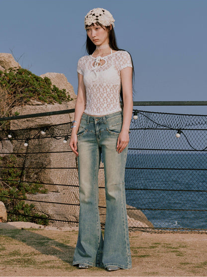 RUN TO THE FUTURE Sexy Lace Fitted Short Sleeve White Stretch Women Cropped Crop Tops