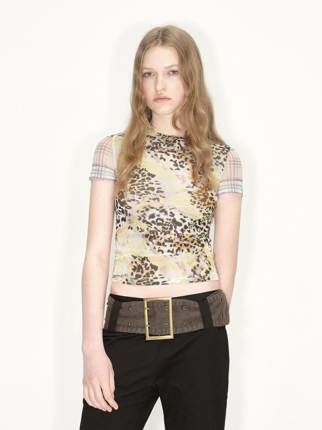 RUN TO THE FUTURE Slim Fit Street Patchwork Leopard Print Round Neck Short Sleeve Women Crop Tops