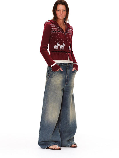 RUN TO THE FUTURE Soft Anti Pilling Vintage Slim Hooded Zip Plaid Jacquard Women Knit Cardigans