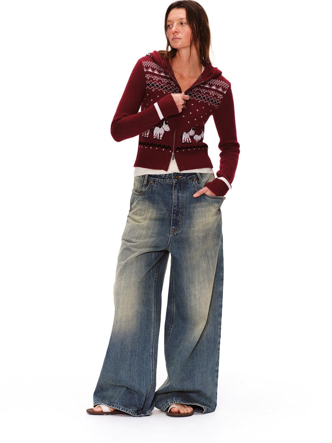 RUN TO THE FUTURE Soft Anti Pilling Vintage Slim Hooded Zip Plaid Jacquard Women Knit Cardigans