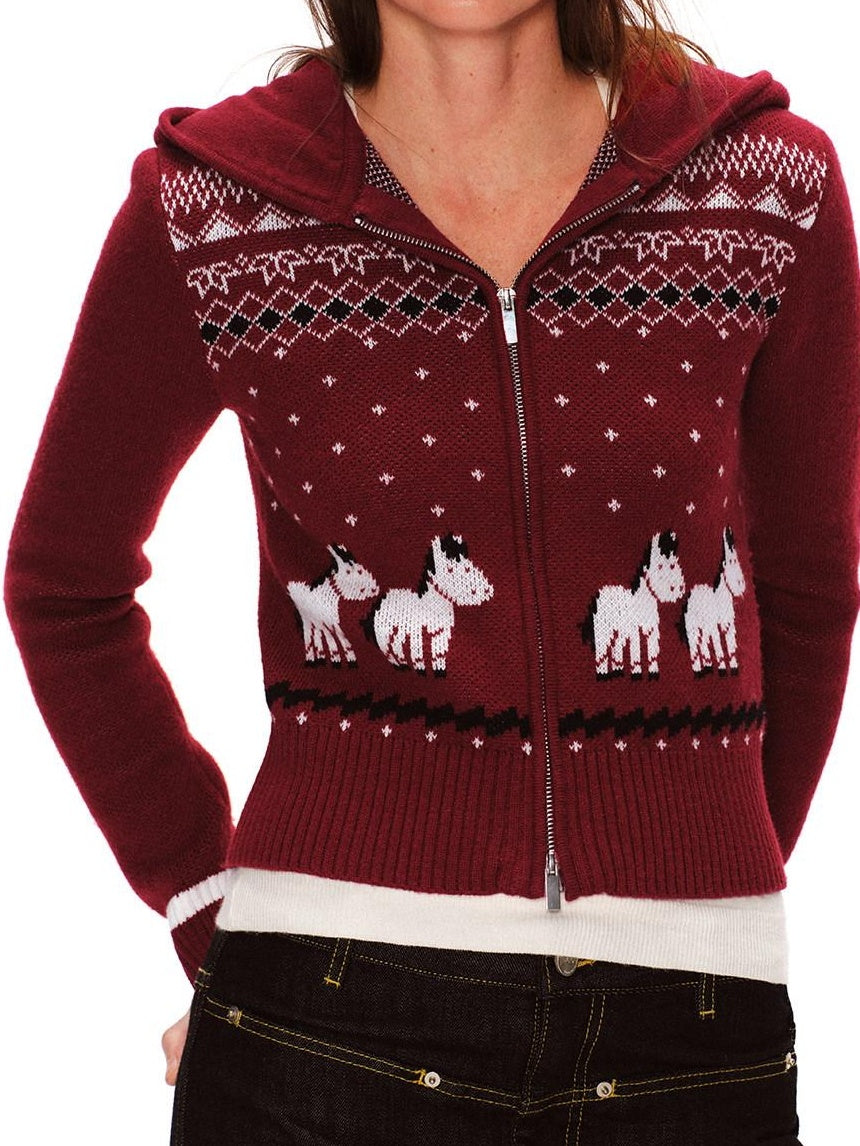 RUN TO THE FUTURE Soft Anti Pilling Vintage Slim Hooded Zip Plaid Jacquard Women Knit Cardigans
