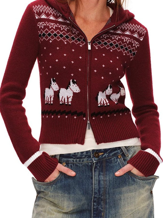 RUN TO THE FUTURE Soft Anti Pilling Vintage Slim Hooded Zip Plaid Jacquard Women Knit Cardigans