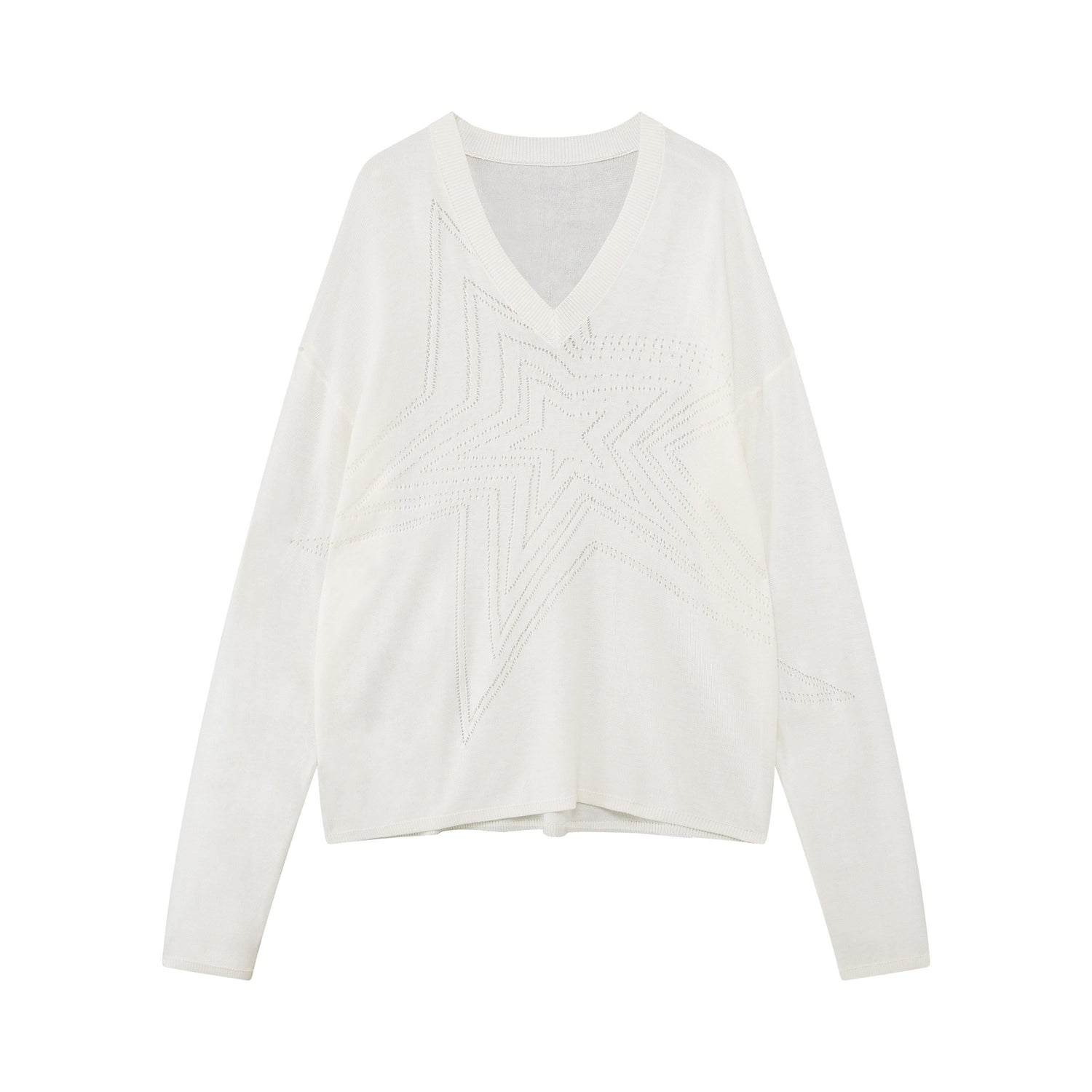 RUN TO THE FUTURE Soft Breathable Loose Crochet V-neck Women Star White Long Sleeve T-Shirts