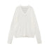 RUN TO THE FUTURE Soft Breathable Loose Crochet V-neck Women Star White Long Sleeve T-Shirts