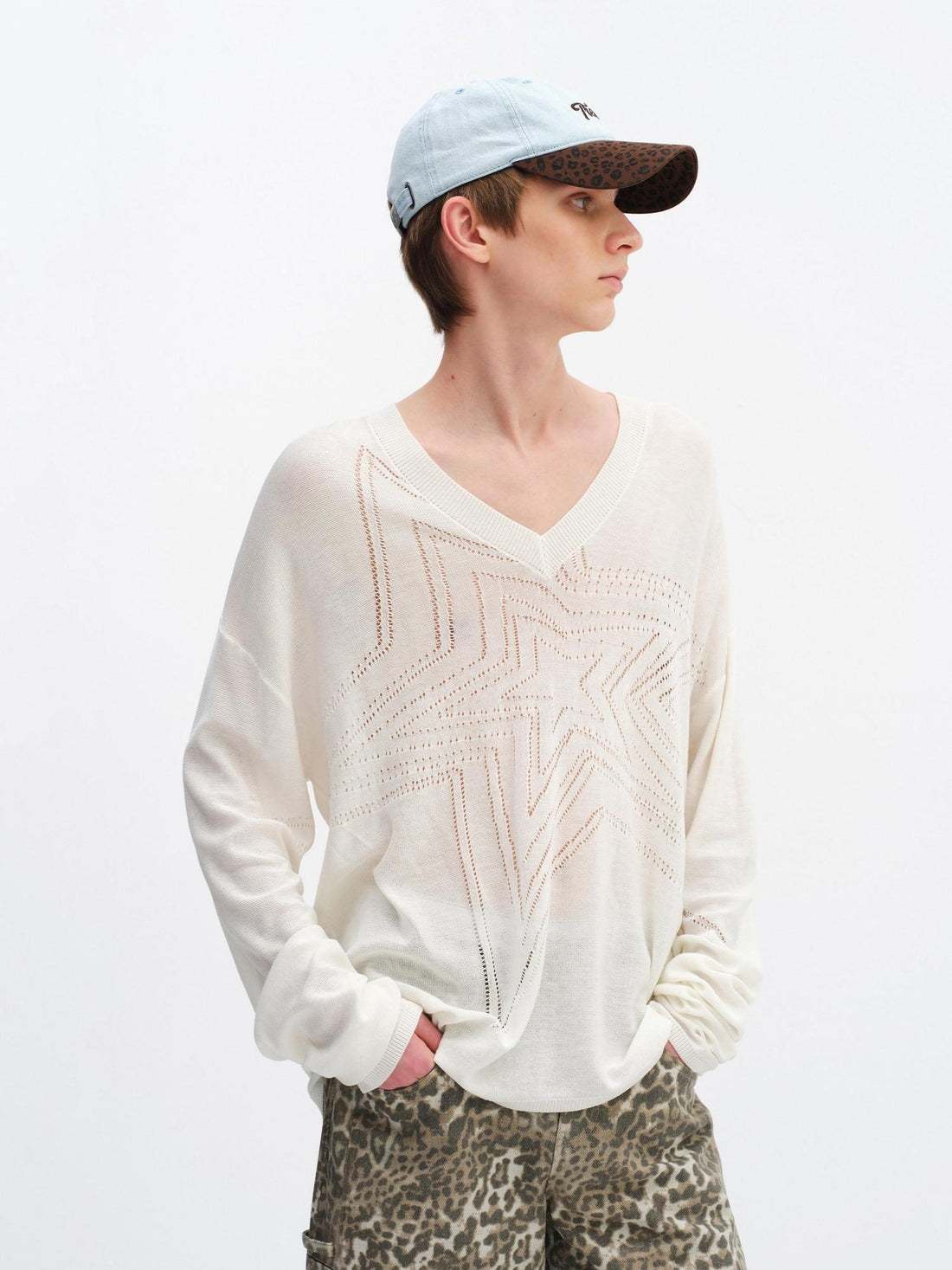 RUN TO THE FUTURE Soft Breathable Loose Crochet V-neck Women Star White Long Sleeve T-Shirts