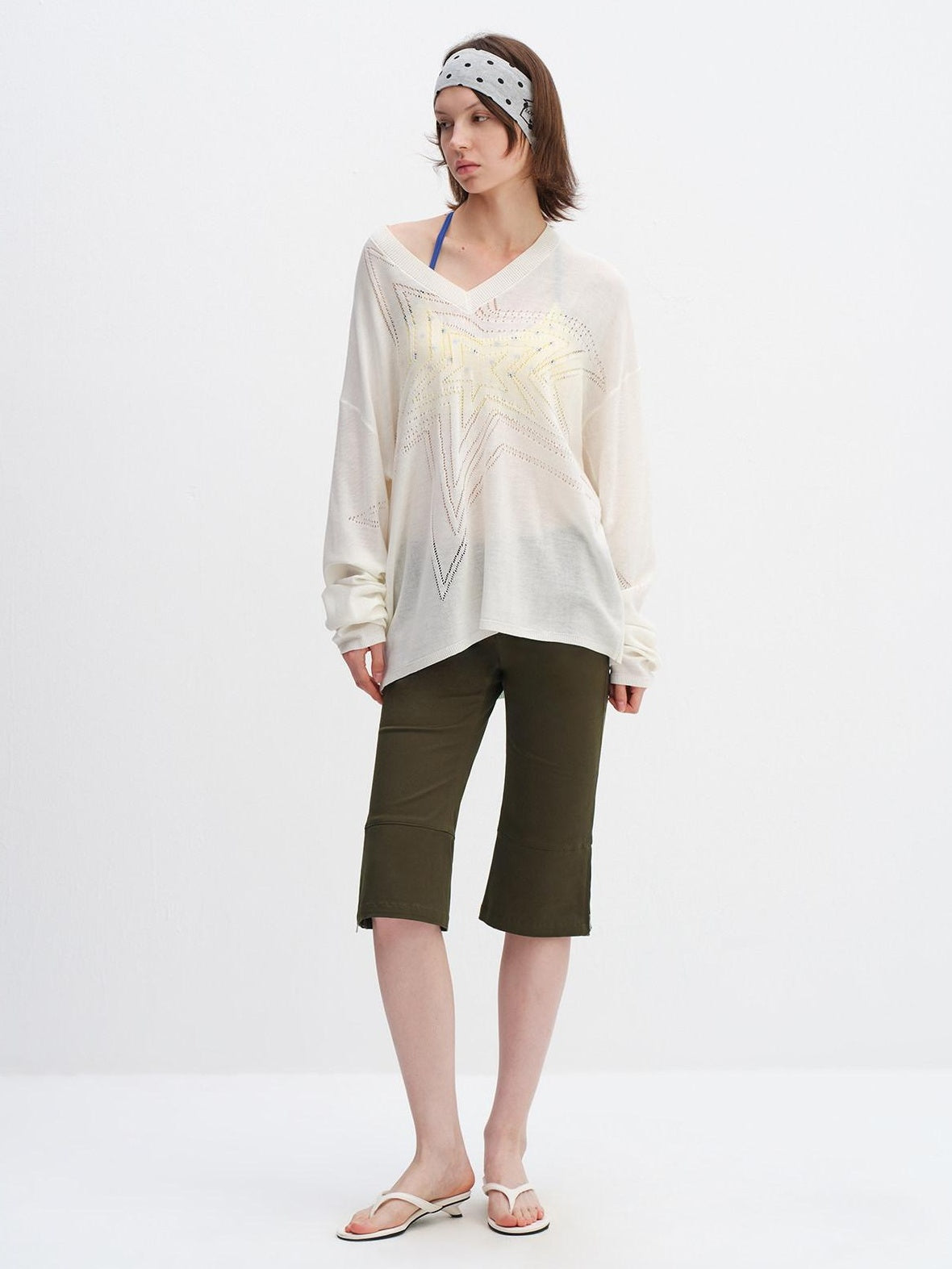 RUN TO THE FUTURE Soft Breathable Loose Crochet V-neck Women Star White Long Sleeve T-Shirts