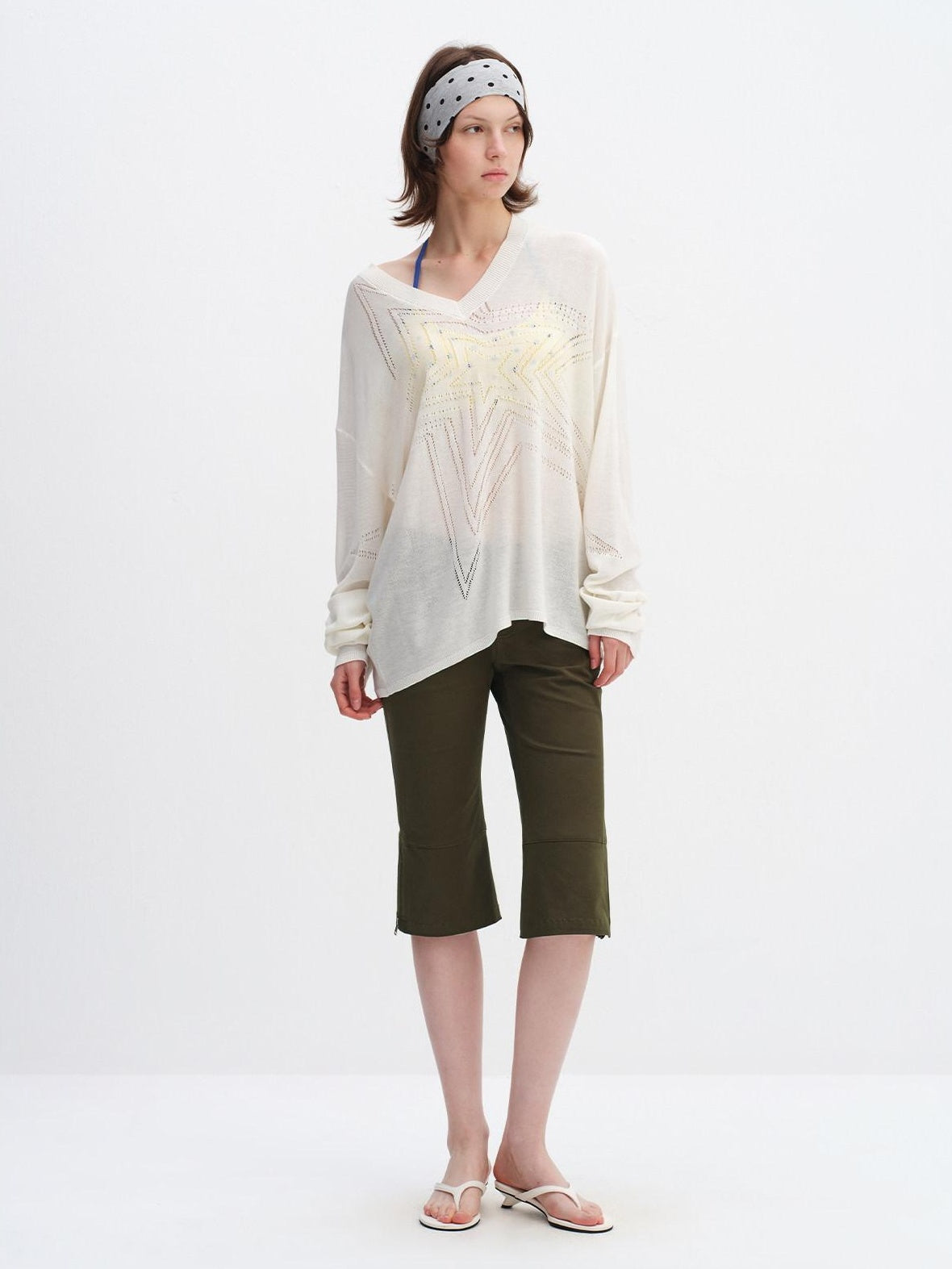 RUN TO THE FUTURE Soft Breathable Loose Crochet V-neck Women Star White Long Sleeve T-Shirts