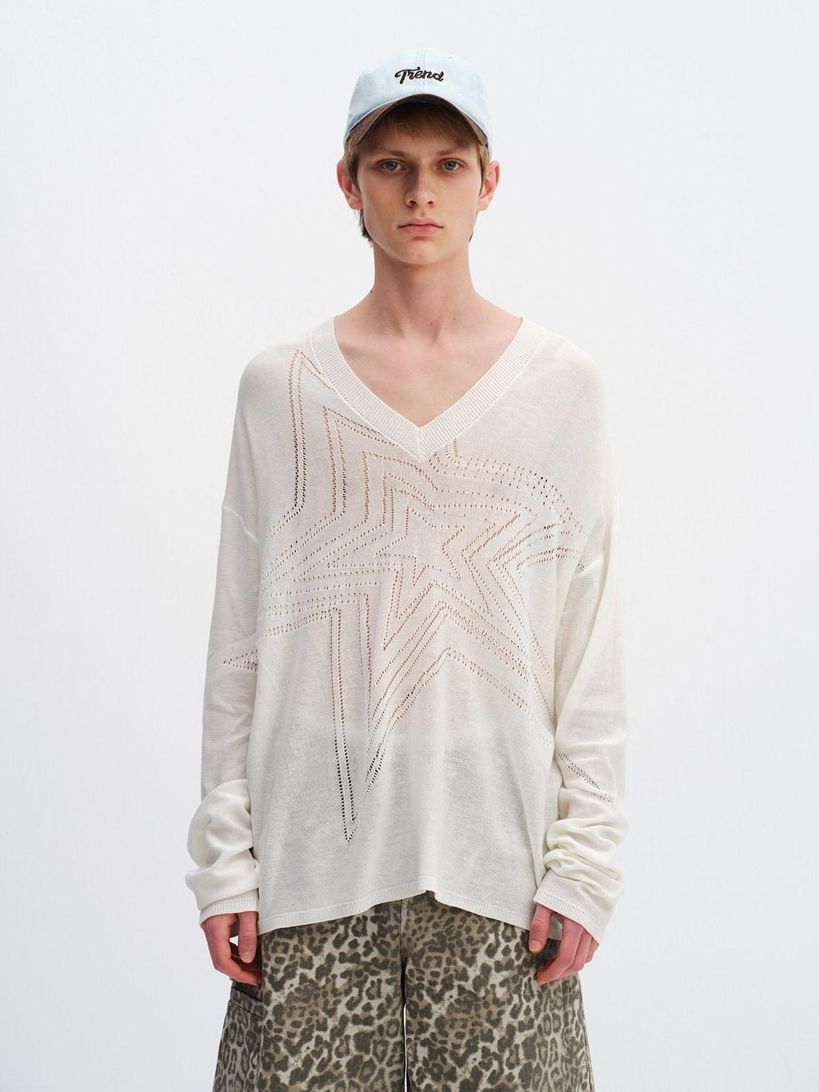 RUN TO THE FUTURE Soft Breathable Loose Crochet V-neck Women Star White Long Sleeve T-Shirts