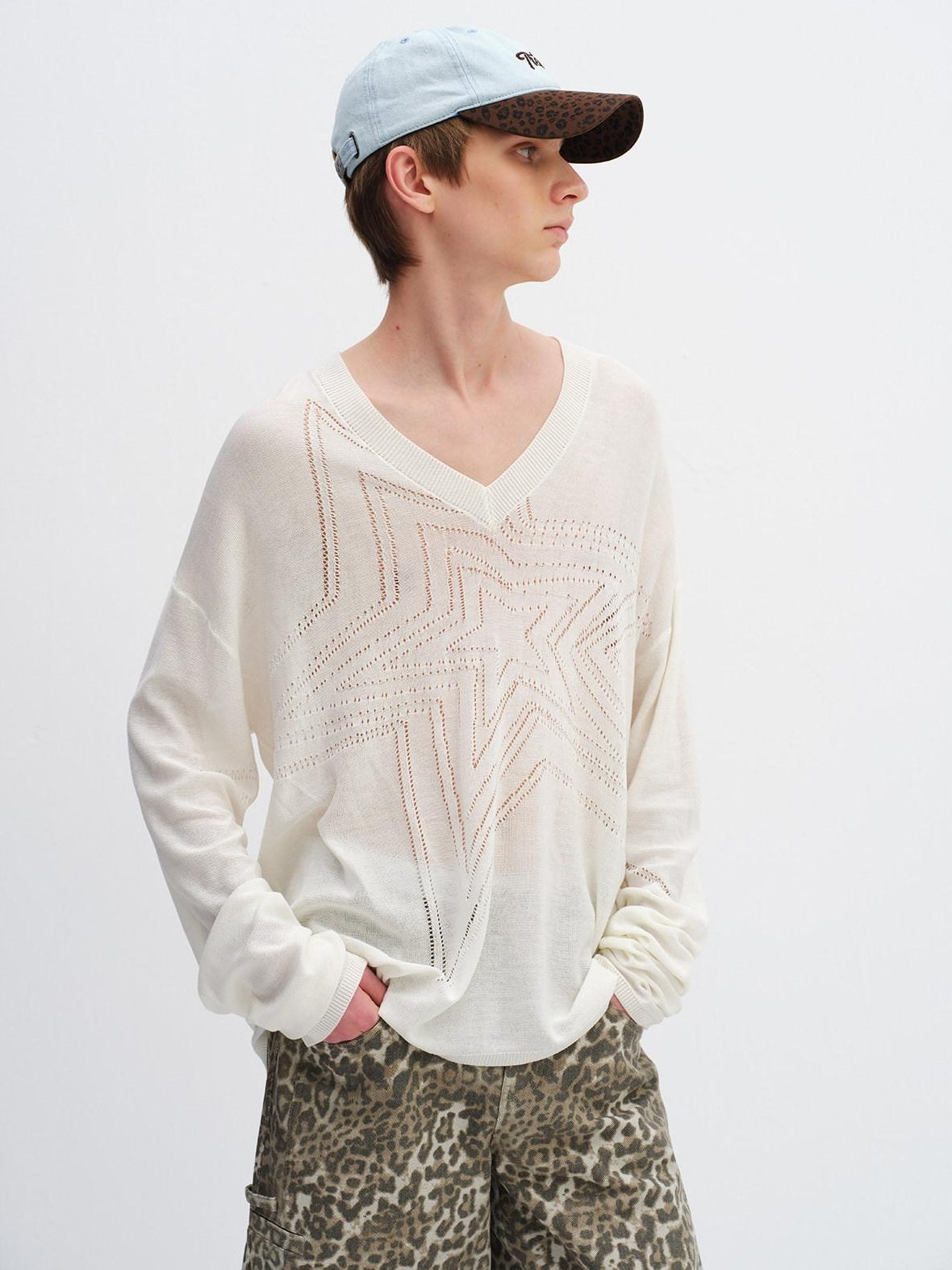 RUN TO THE FUTURE Soft Breathable Loose Crochet V-neck Women Star White Long Sleeve T-Shirts