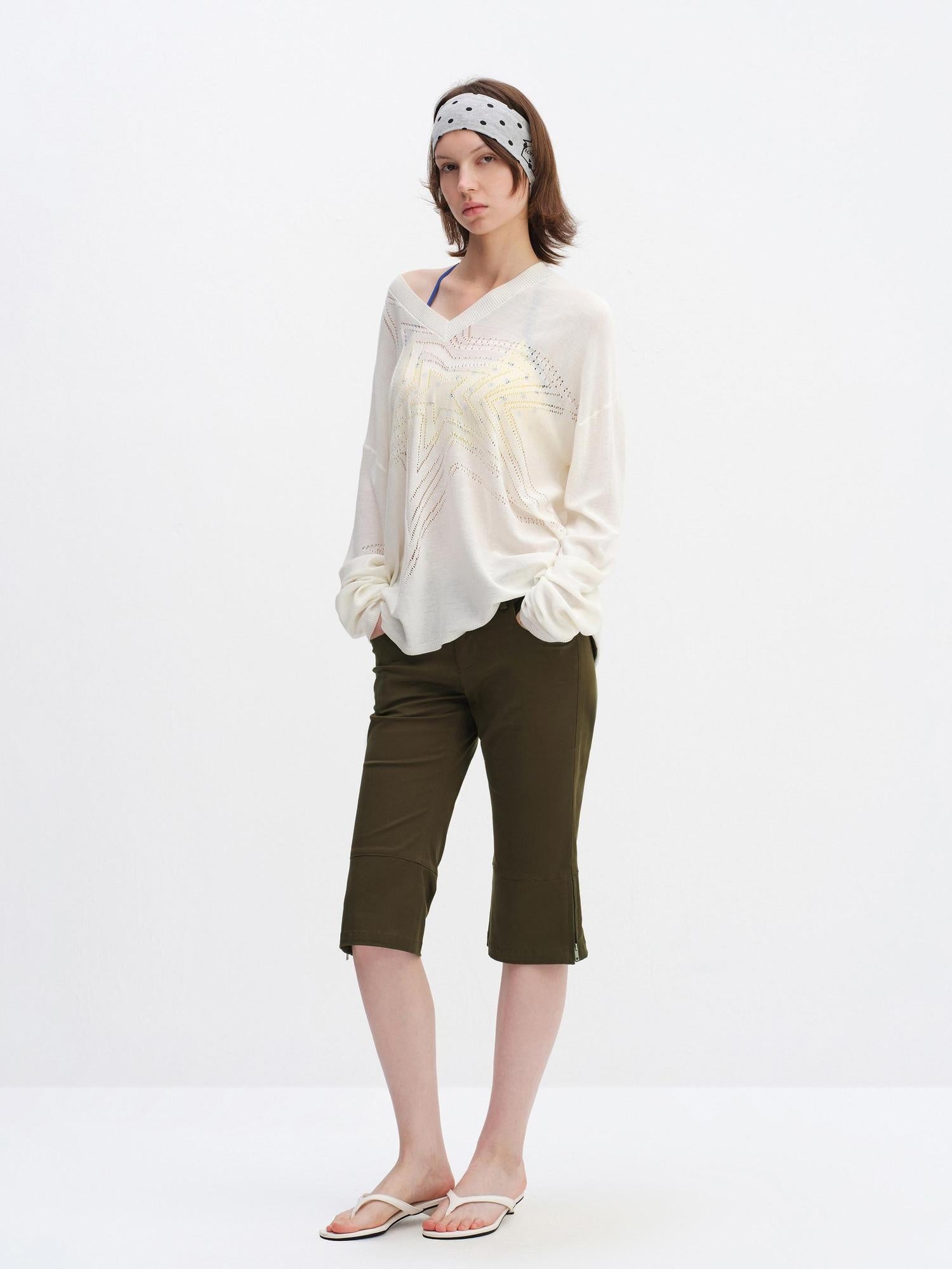 RUN TO THE FUTURE Soft Breathable Loose Crochet V-neck Women Star White Long Sleeve T-Shirts