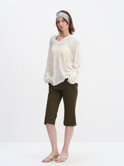 RUN TO THE FUTURE Soft Breathable Loose Crochet V-neck Women Star White Long Sleeve T-Shirts