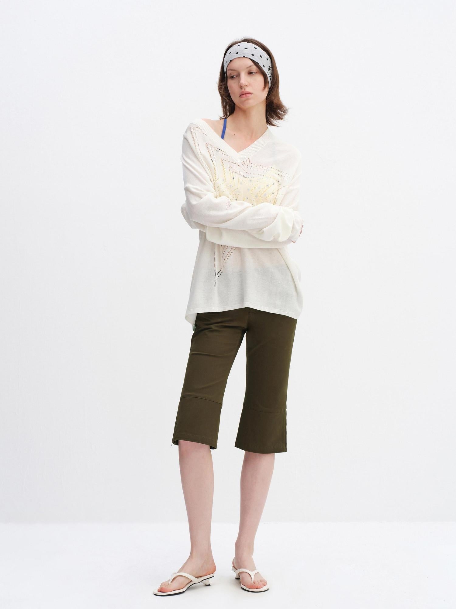 RUN TO THE FUTURE Soft Breathable Loose Crochet V-neck Women Star White Long Sleeve T-Shirts