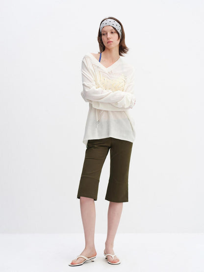RUN TO THE FUTURE Soft Breathable Loose Crochet V-neck Women Star White Long Sleeve T-Shirts