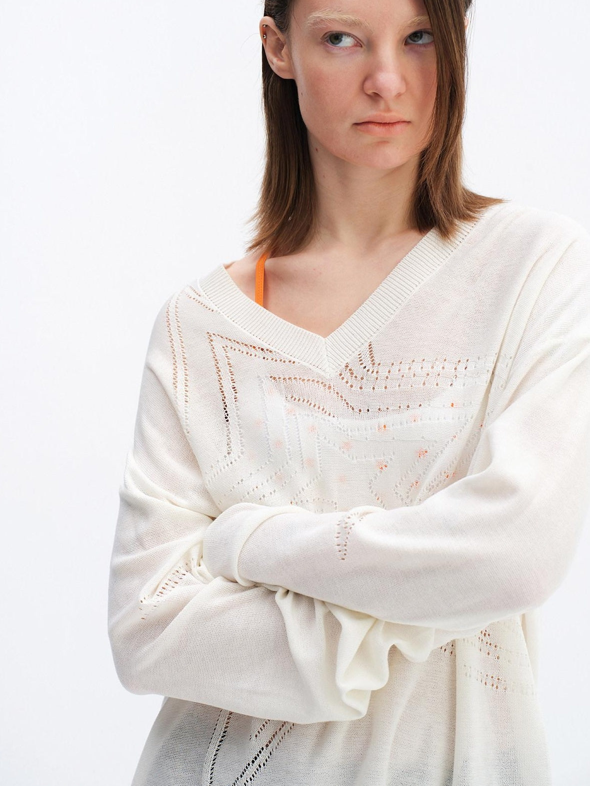 RUN TO THE FUTURE Soft Breathable Loose Crochet V-neck Women Star White Long Sleeve T-Shirts