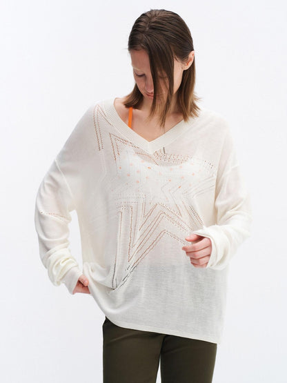 RUN TO THE FUTURE Soft Breathable Loose Crochet V-neck Women Star White Long Sleeve T-Shirts