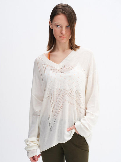 RUN TO THE FUTURE Soft Breathable Loose Crochet V-neck Women Star White Long Sleeve T-Shirts
