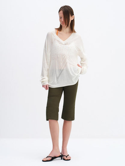 RUN TO THE FUTURE Soft Breathable Loose Crochet V-neck Women Star White Long Sleeve T-Shirts