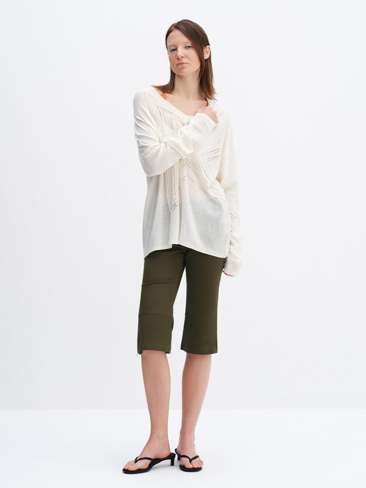 RUN TO THE FUTURE Soft Breathable Loose Crochet V-neck Women Star White Long Sleeve T-Shirts