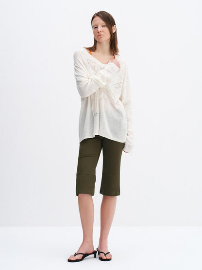 RUN TO THE FUTURE Soft Breathable Loose Crochet V-neck Women Star White Long Sleeve T-Shirts