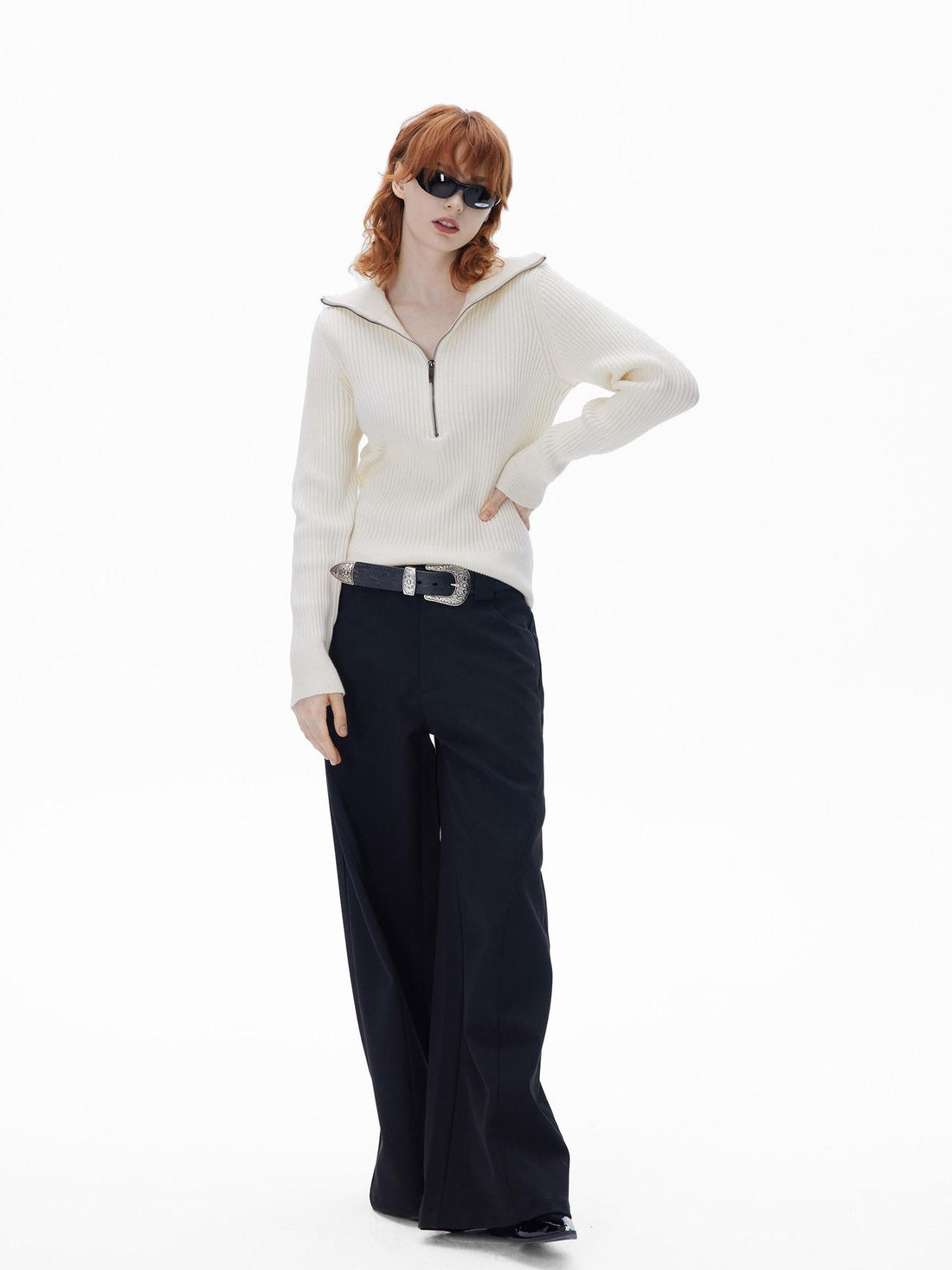RUN TO THE FUTURE Soft Cotton Stand Collar Pullover Commuter Womens Cream Sweaters