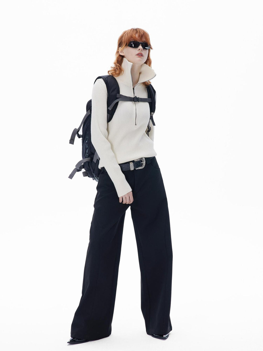 RUN TO THE FUTURE Soft Cotton Stand Collar Pullover Commuter Womens Cream Sweaters