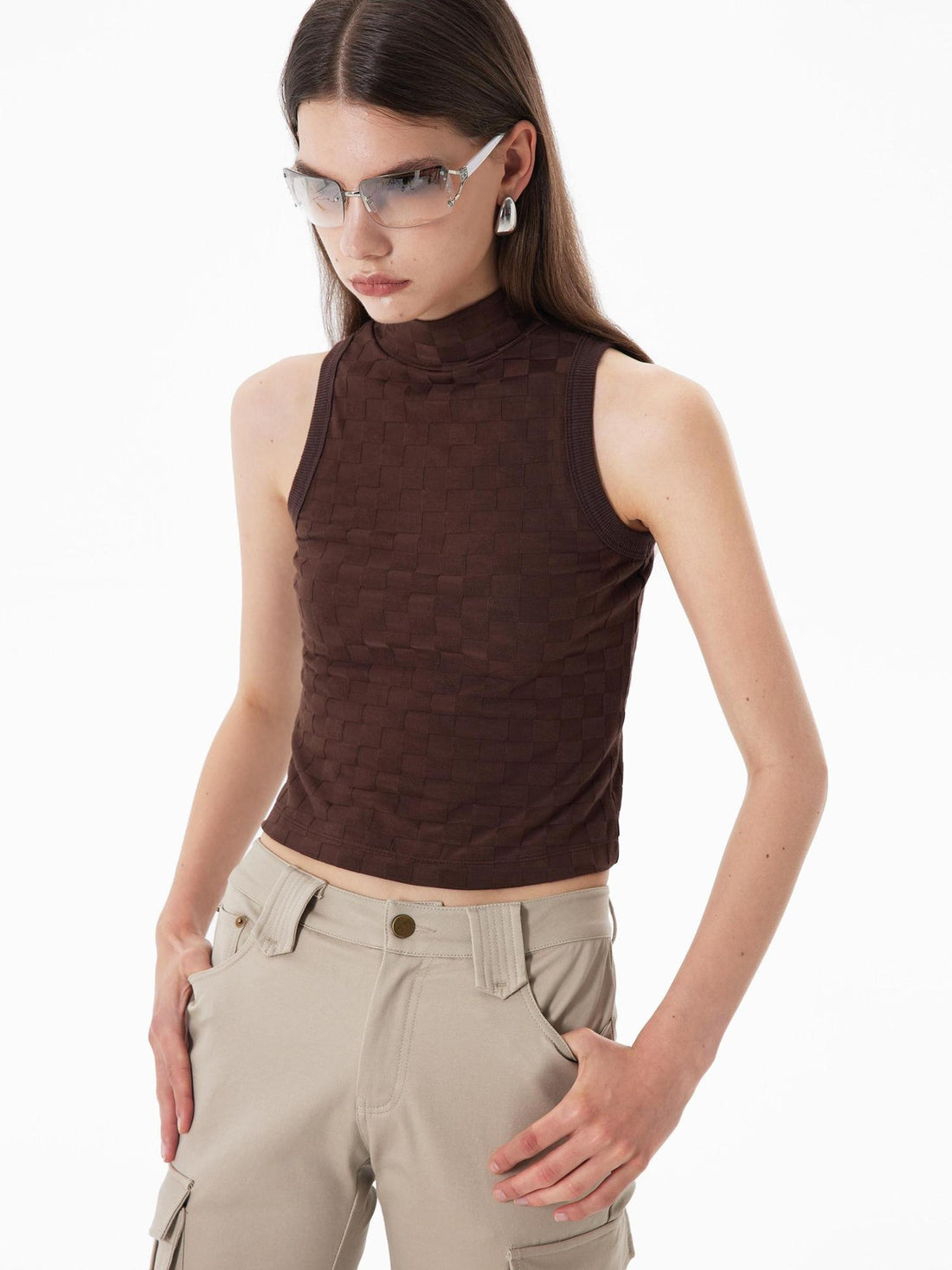 RUN TO THE FUTURE Soft Viscose Asymmetric Original Design Slim Fit Women Beige Tank Tops