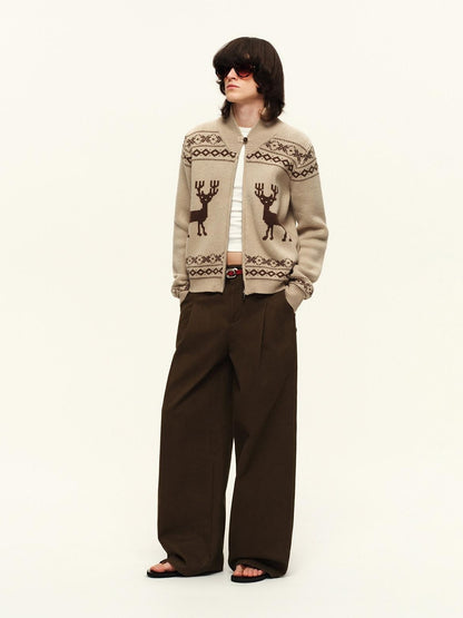 RUN TO THE FUTURE Soft Wool Blend Loose Zip Stand Collar Vintage Animal Camel Women Cardigans