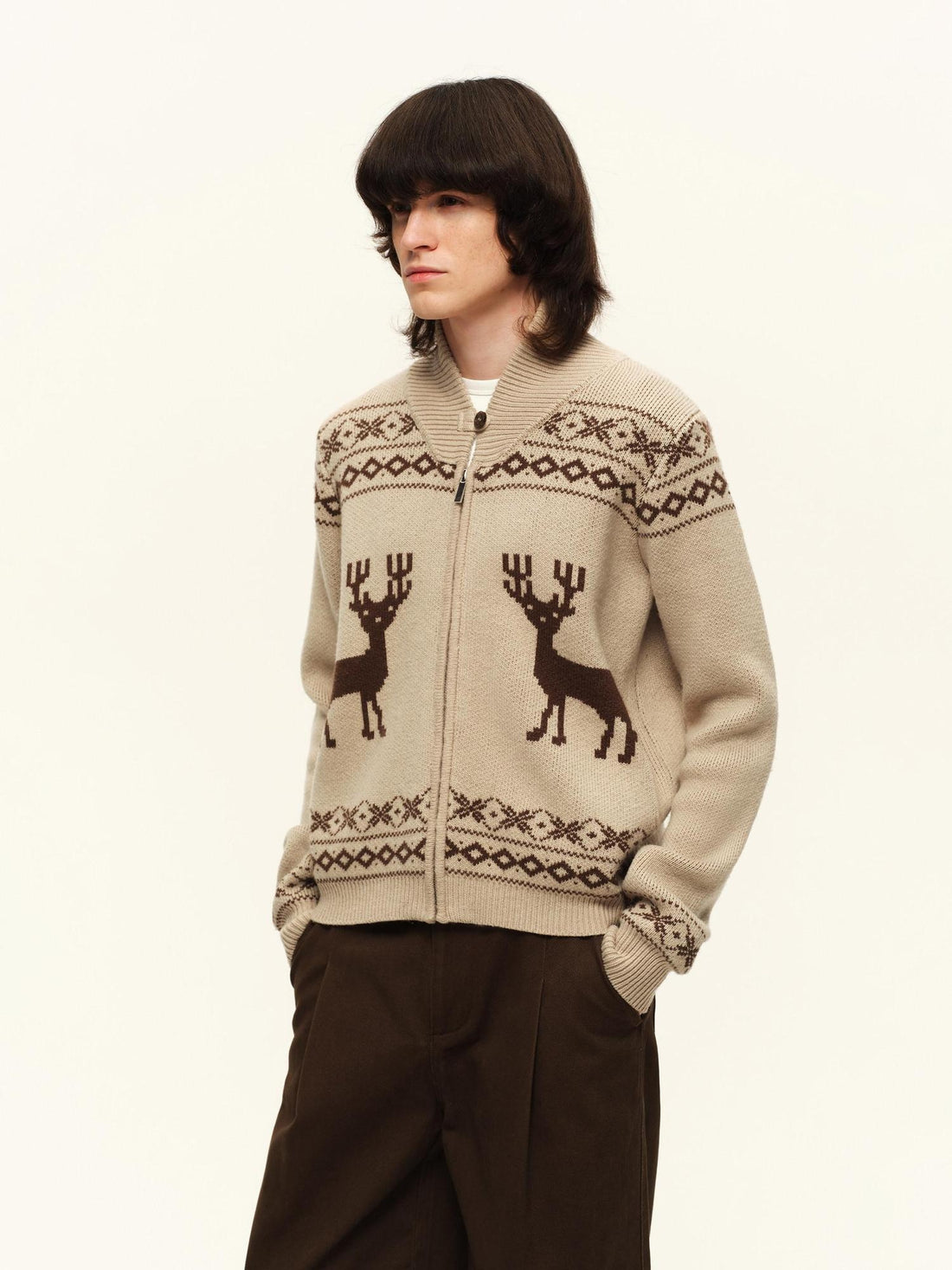 RUN TO THE FUTURE Soft Wool Blend Loose Zip Stand Collar Vintage Animal Camel Women Cardigans