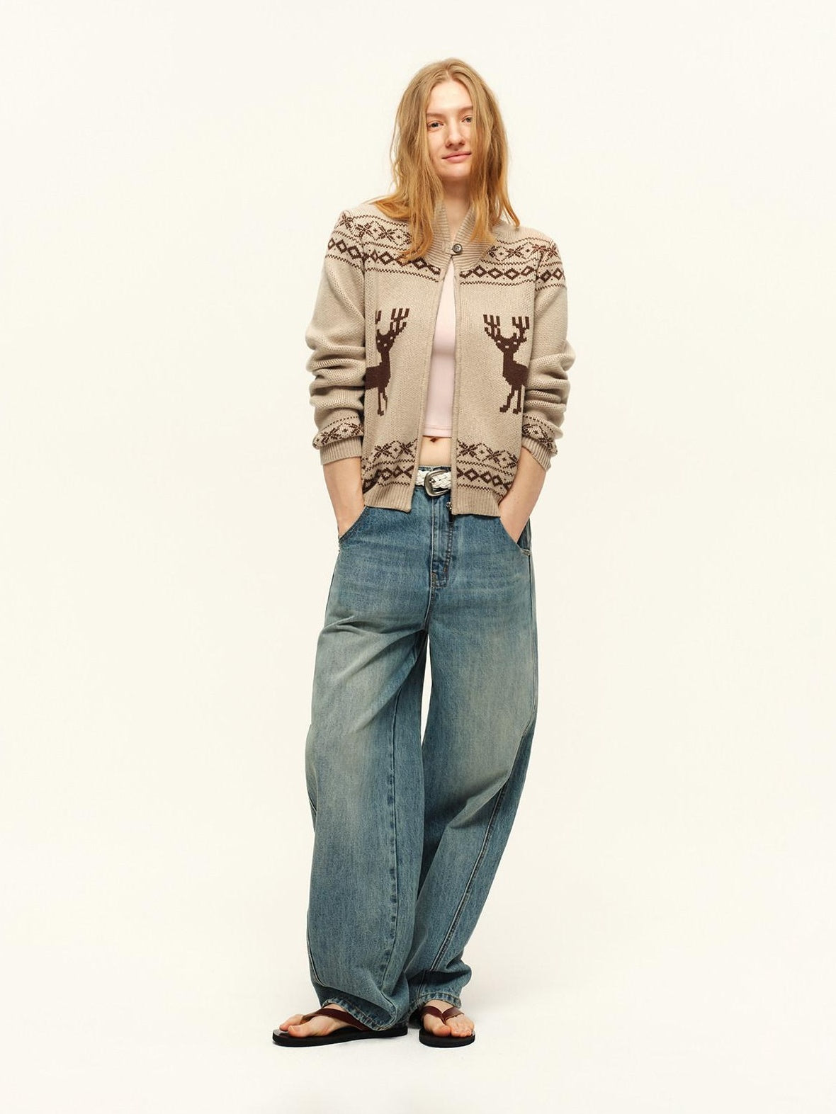 RUN TO THE FUTURE Soft Wool Blend Loose Zip Stand Collar Vintage Animal Camel Women Cardigans
