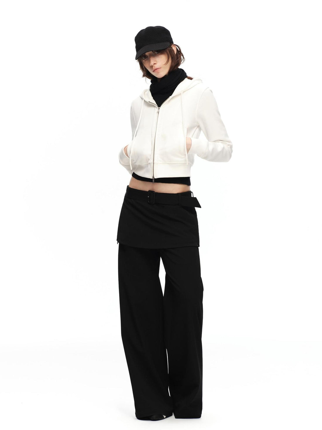 RUN TO THE FUTURE Solid Ruched Zip Front Cropped Hooded Women&