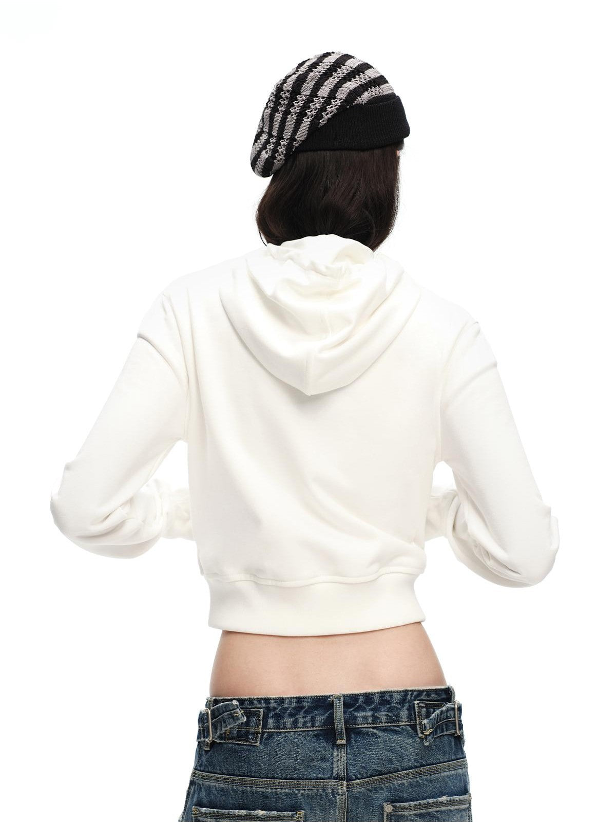 RUN TO THE FUTURE Solid Ruched Zip Front Cropped Hooded Women&