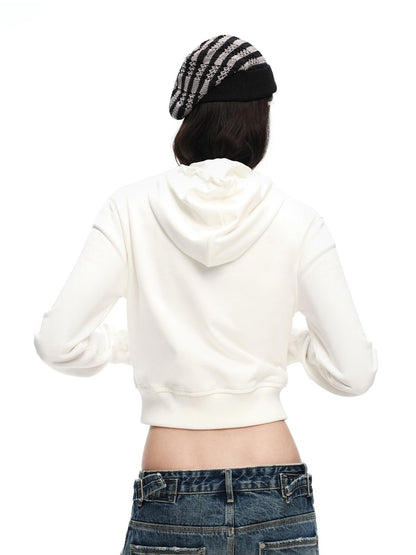 RUN TO THE FUTURE Solid Ruched Zip Front Cropped Hooded Women&