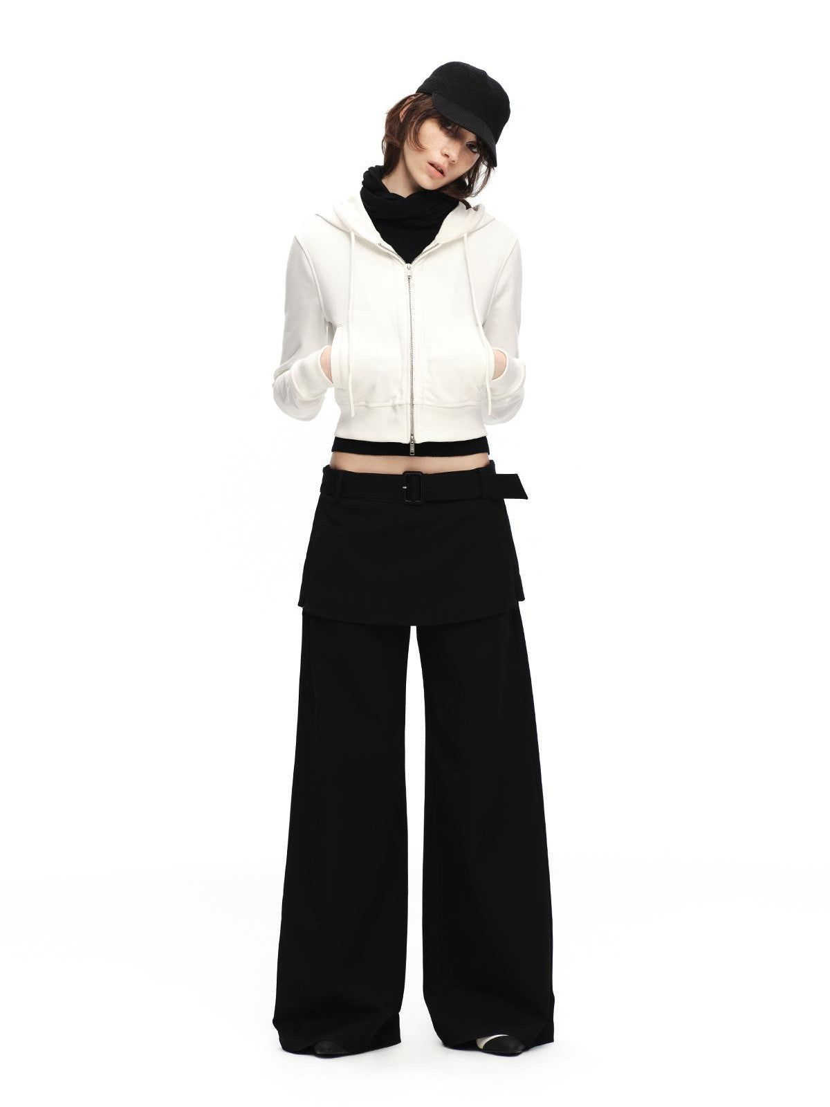 RUN TO THE FUTURE Solid Ruched Zip Front Cropped Hooded Women&
